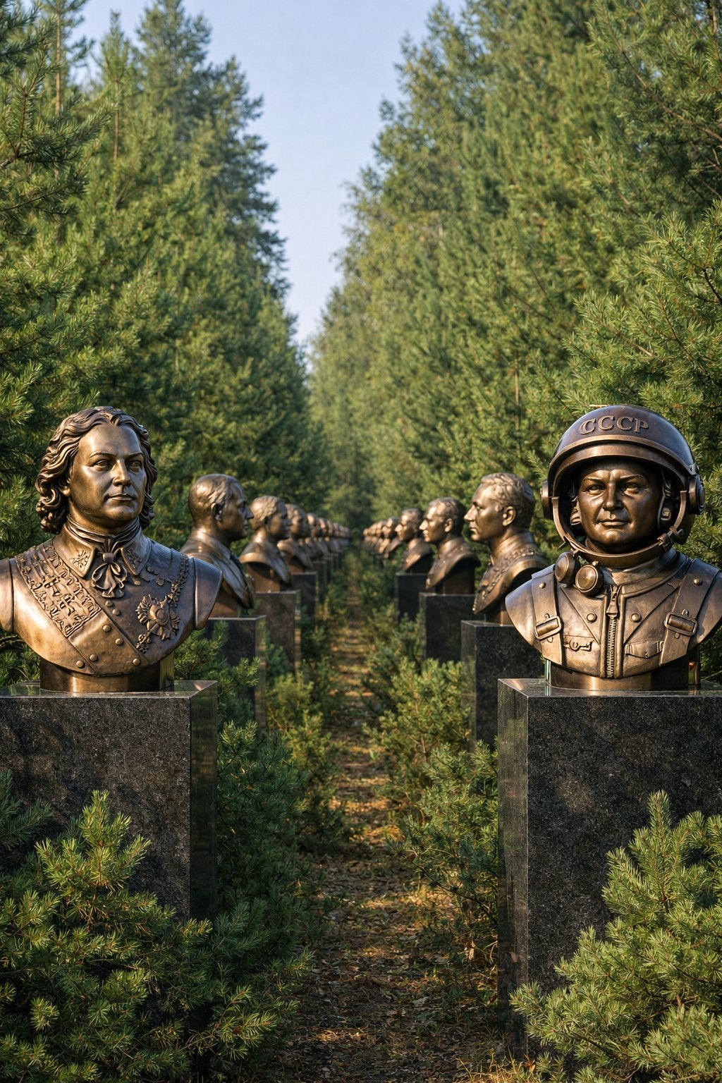 Аллея бюстов великих личностей среди кедров